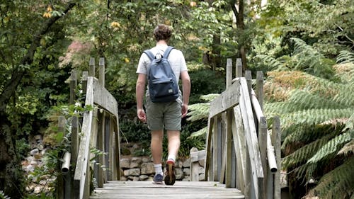 A Man Walking on a Wooden Bridge 