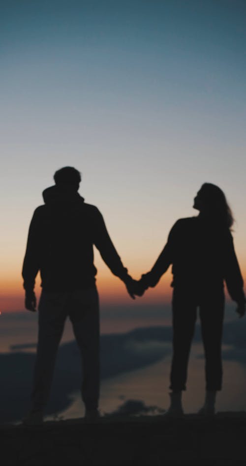 Silhouette of a Couple Standing Outdoors While Holding Each Other's Hands