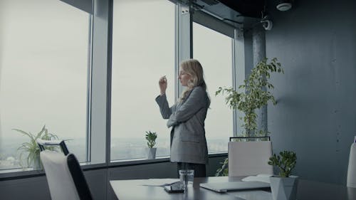A Female Boss Looking Outside Of Her Office Window