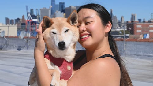 Woman Petting a Dog with City in the Background 