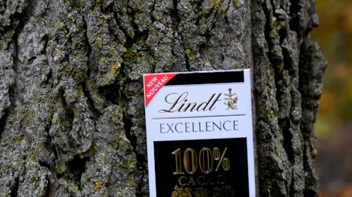 Lindt Chocolate Bar Packaging on a Tree Trunk