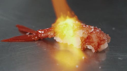 Close-Up Video of Blow Torching Shrimp Nigiri 