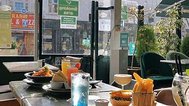 foods and drinks on a restaurant table