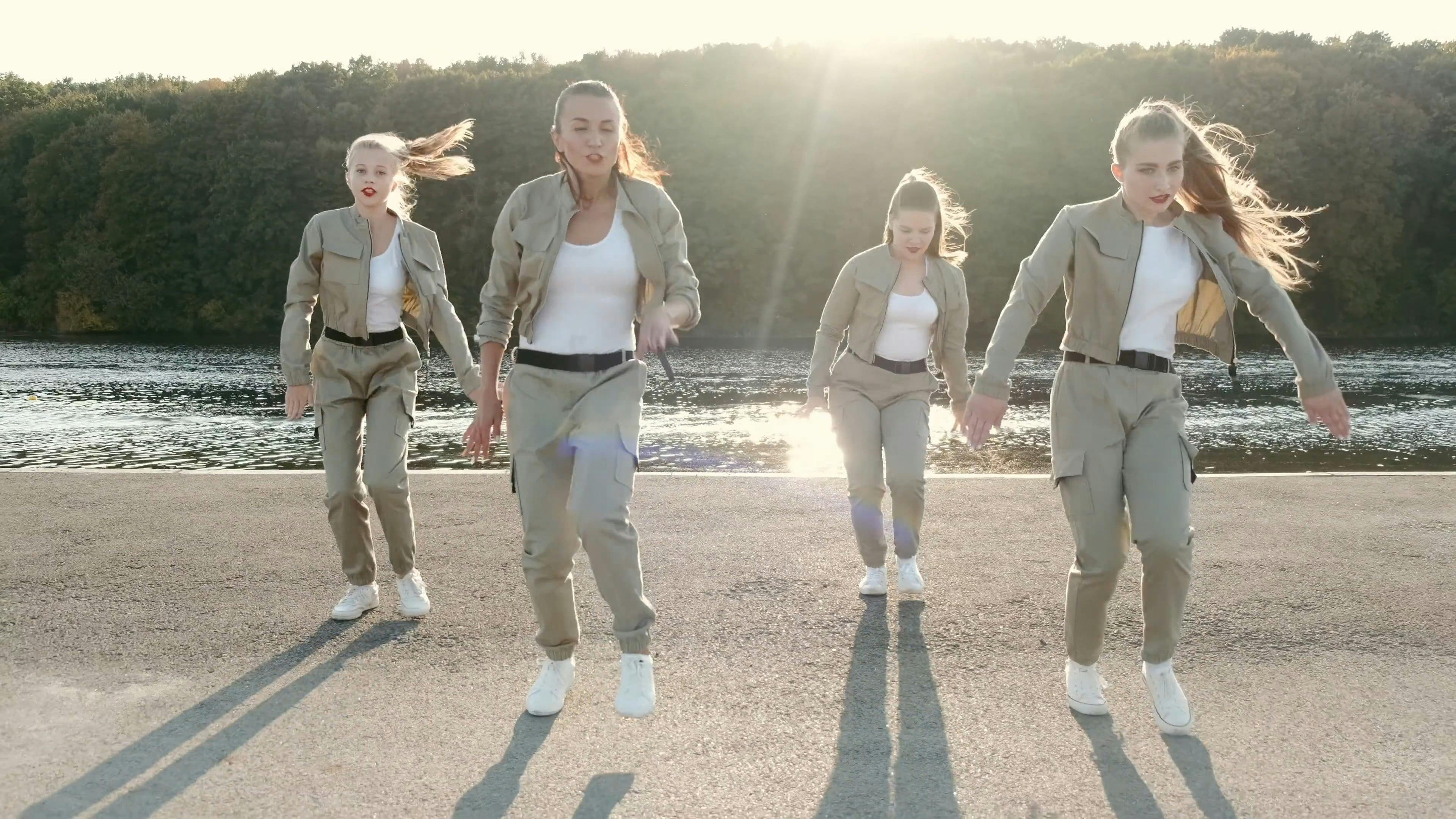 Female Dance Group Dancing Together Outdoors Free Stock Video Footage