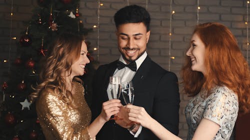 Smiling Young Women and Man Toasting and Posing for Photograph 