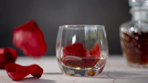 Vidéo En Gros Plan De Pétales De Rose Tombant Dans Le Verre