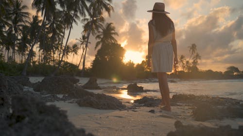 A Closer View of a Woman Walking Along the Seashore at Sunset