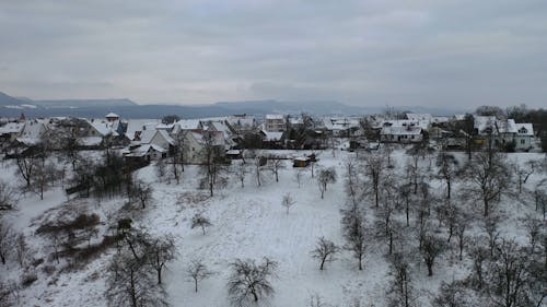Aerial View of a Snow Covered Residential Area