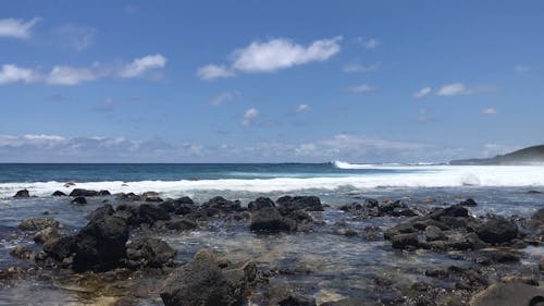 View of the Ocean Waves Splashing on the Shore Full of Rock