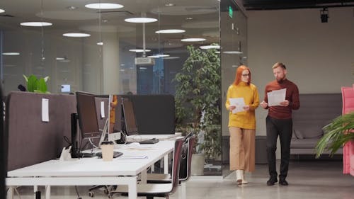 Colleagues Discussing a Documents While Walking Inside the Office