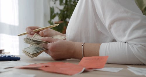 A Person Counting and Computing Money While Writing on a Notepad