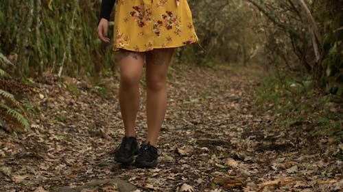 Female in Yellow Dress Walking in some Dried Leaves