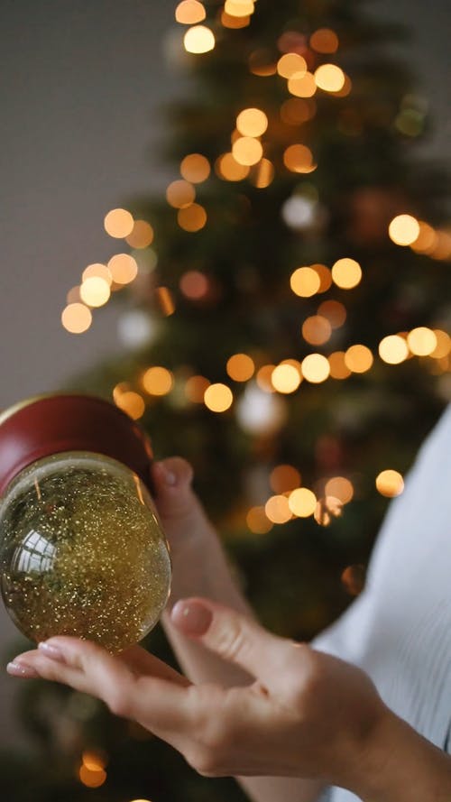Close-Up Video of Hands Shaking a Snow Globe