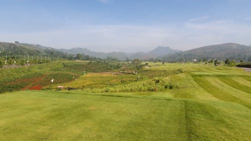 Aerial View of Farm Fields and Mountains