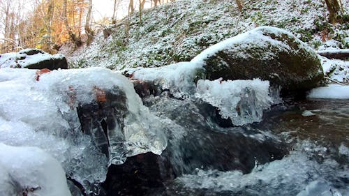 River Flowing Through Frozen Rocks