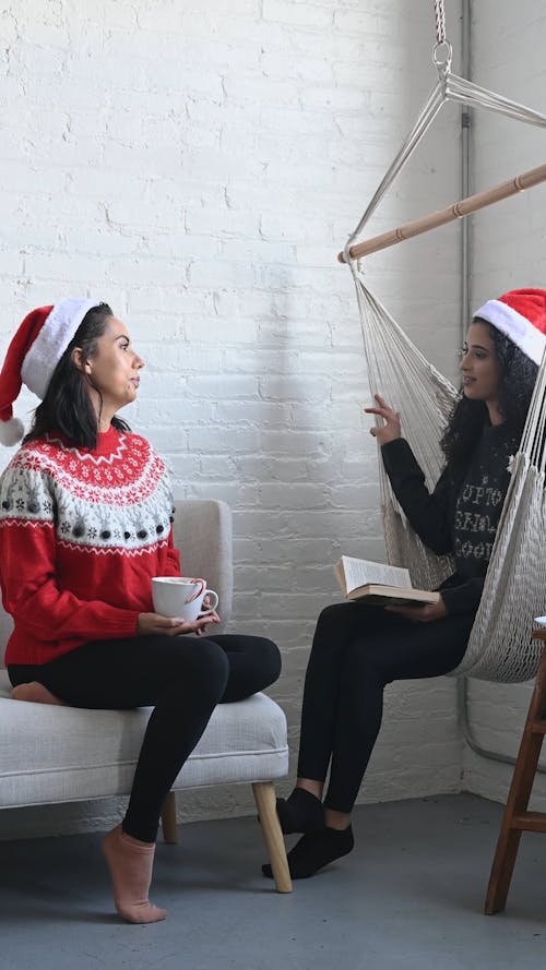 Women Dressed In Christmas Costume While Talking
