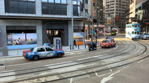 A Busy Street with Cabs and Buses