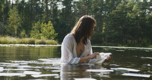 A Man Ripping the Pages of a Book While Submerged in the Lake