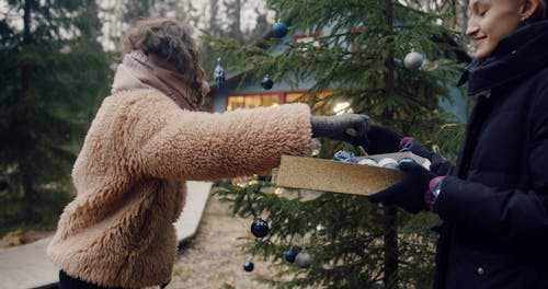 Two Woman Decorating a Fir Tree with Christmas Ornaments and Balls
