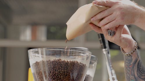 A Person Pouring Coffee Beans into the Grinder