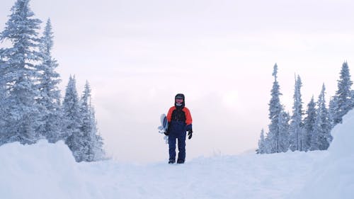 Snowboarder Walking in Snow Capped Mountain 