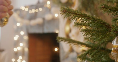 A Person Hanging a Decoration a Christmas Tree