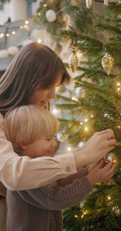 Mother and Son Putting Up Decorations on Christmas Tree