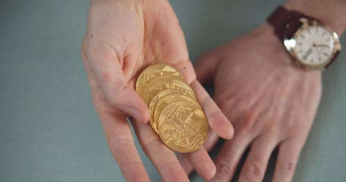 Close Up of a Hand Holding Gold Coins 