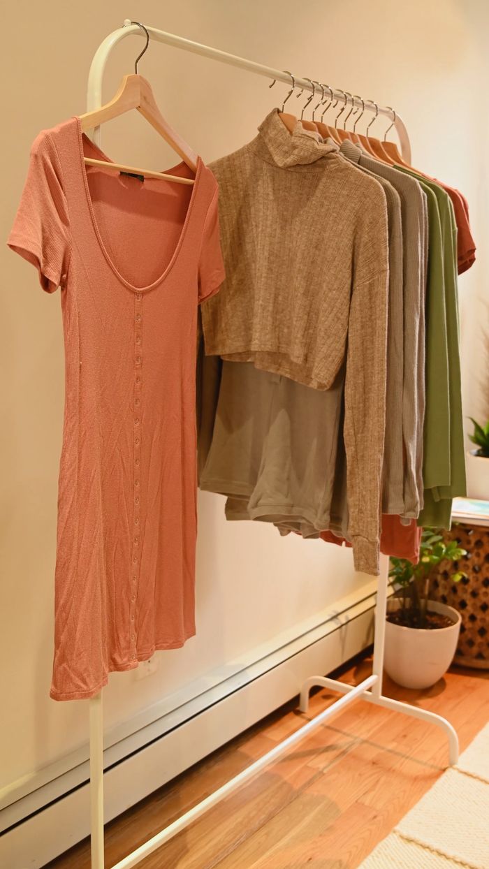 Dusty rose dress and neutral knits on a rack