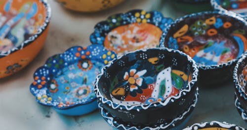 Close-Up Shot of Colorful Ceramic Bowls