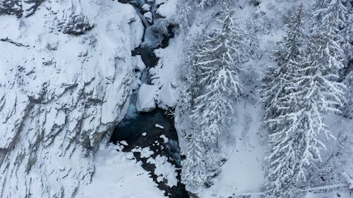 River Flowing Along The Snow Covered Mountain
