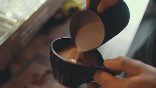 Close-Up View of Person Pouring Milk on Coffee