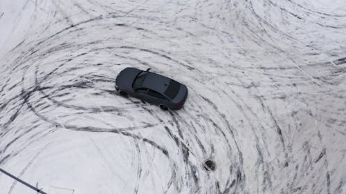 Drone Footage of a Car Drifting on a Snowy Road