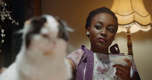 A Woman Petting her Cat On The Dining Table