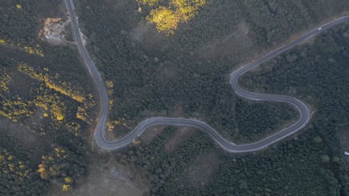 Aerial View of White Car on Winding Road