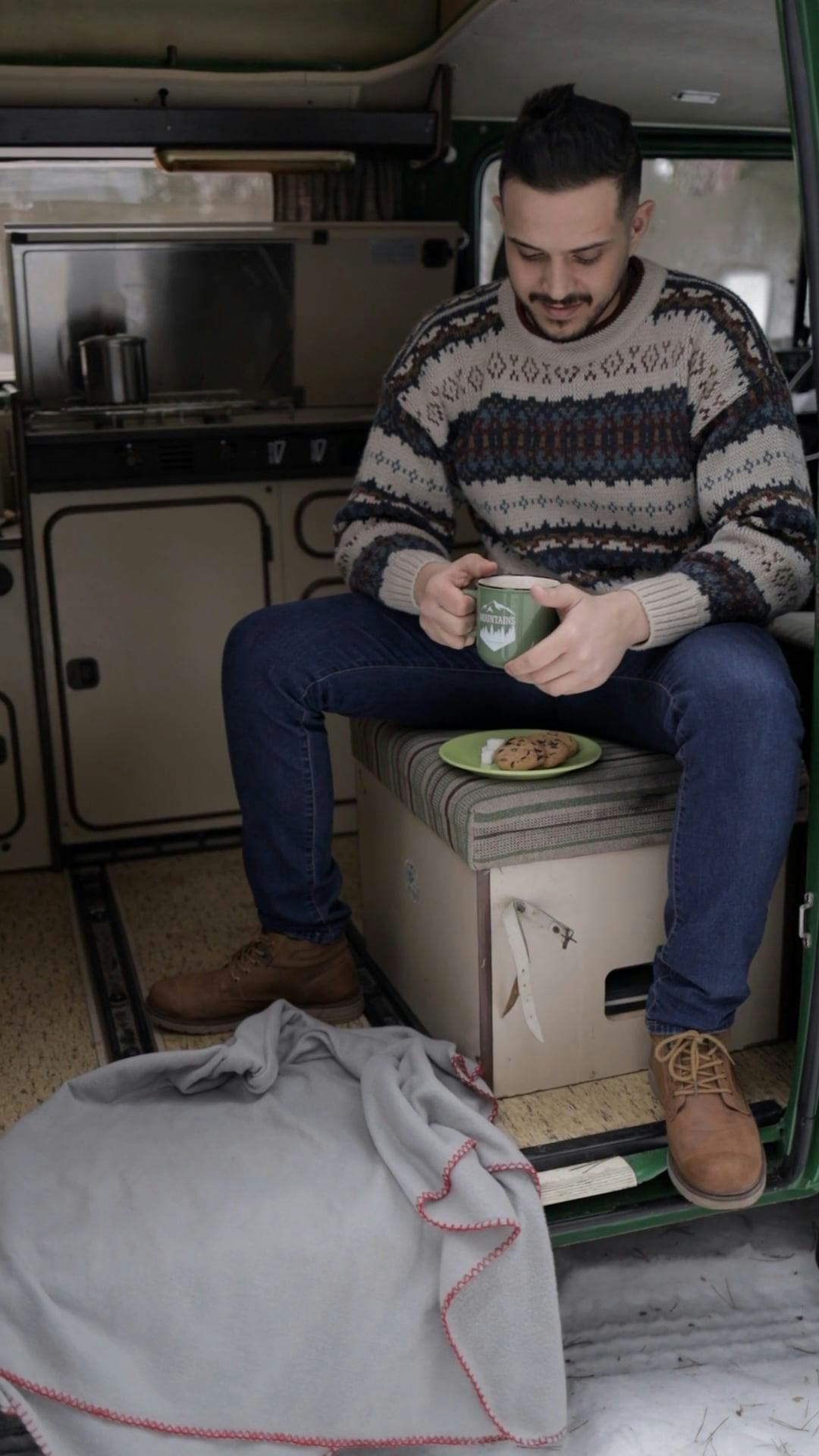 A Man Drinking Tea in a Campervan · Free Stock Video