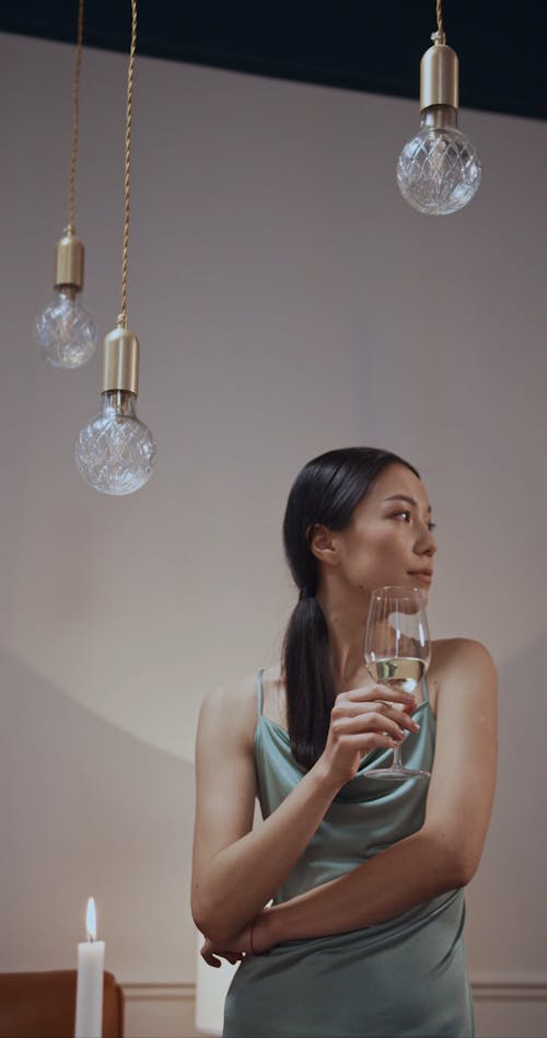 Woman in Elegant Dress Holding a Glass of Wine