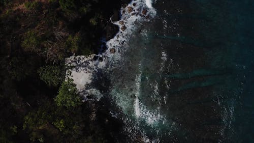 Top View of Beach Waves Crashing on Seashore