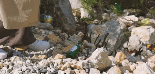 Person Picking Up a Bottle on the Ground