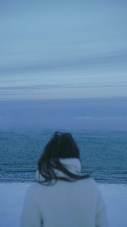 Back View of a Woman Looking at the Sea From the Icy Shore