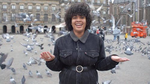 A Woman and a Flock of Pigeons in Dam Square