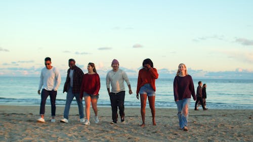 Group of Friends Walking by the Shore