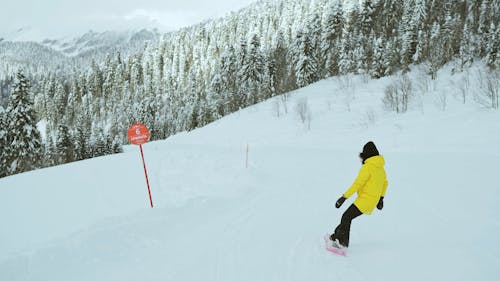 A Woman Snowboarding on the Mountain