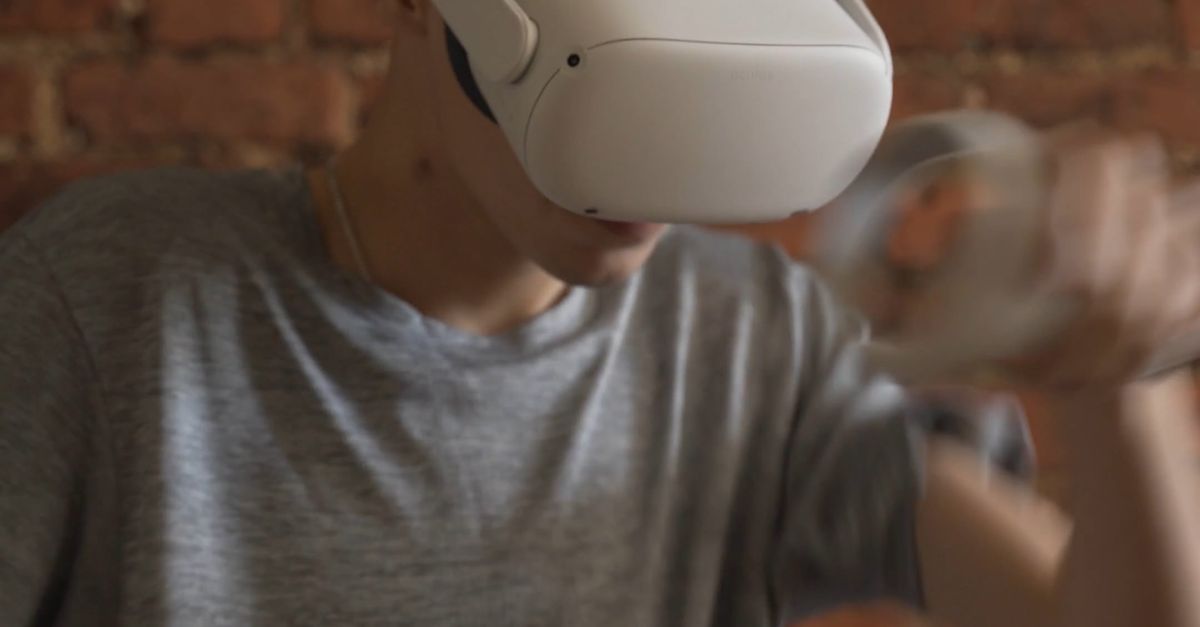 A Person Wearing a Virtual Reality Headset while Holding Controllers ...