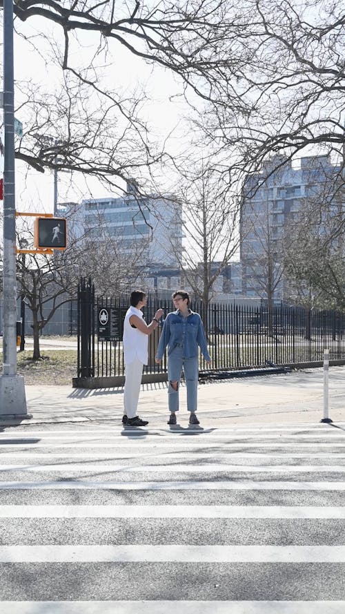 Two People Standing by the Pedestrian Crossing while Talking