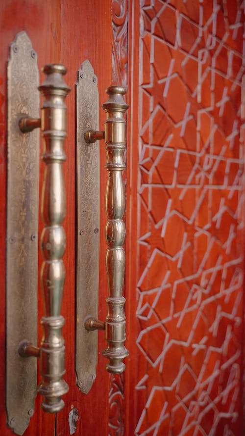 Close up of Metal Pull Handles on Double Doors