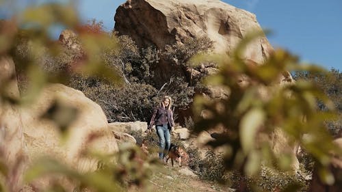 A Woman Hiking A Rocky Mountain With Her Dog