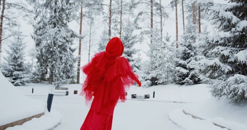 A Woman Dressed in a Red Costume Roller Skates in the Snow.