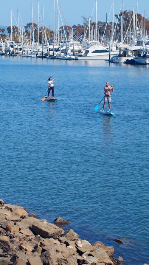 A Man and a Woman Paddle Boarding near a Marina