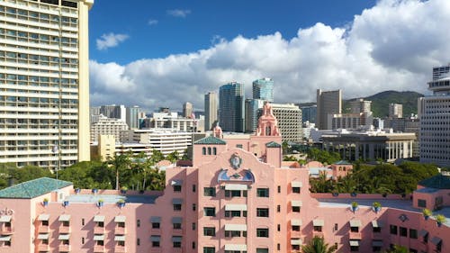 Drone Flying above a Pink Hotel 